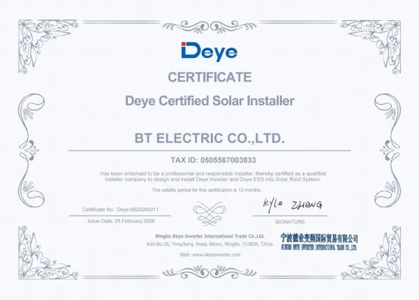 ใบรับรอง Deye Authorized Dealer ของ บีที อิเลคทริค