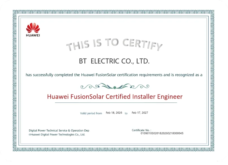ใบรับรอง Huawei FusionSolar Certified Installer Engineer ของ บีที อิเลคทริค
